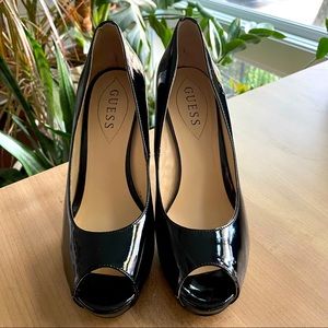 Guess Black Patent Leather Peep-Toe Heels - 7